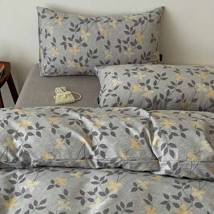 91家纺网 家纺一手货源 找家纺 一比一家纺 2026秋冬新款高克重棉麻原麻复古诧季风原麻四件套-简单款 蔓叶兰