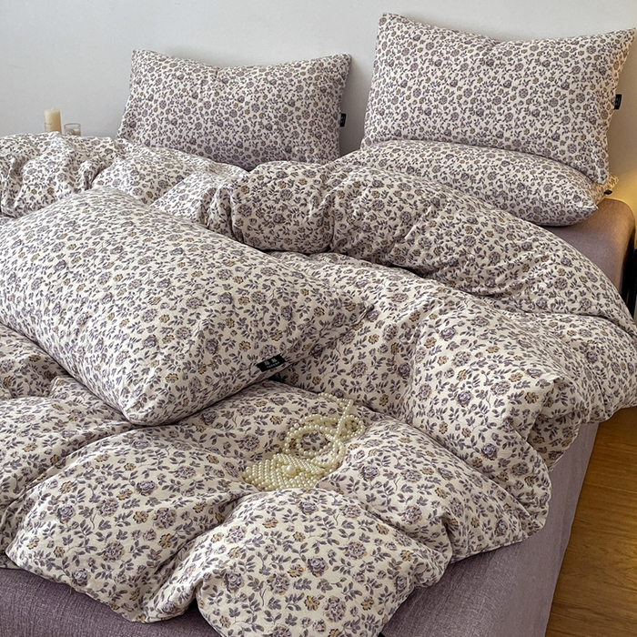 91家纺网 家纺一手货源 找家纺 一比一家纺 2025秋冬新款高克重棉麻原麻复古诧季风原麻四件套-简单款 花予紫