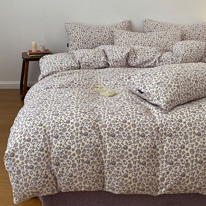 91家纺网 家纺一手货源 找家纺 一比一家纺 2025秋冬新款高克重棉麻原麻复古诧季风原麻四件套-简单款 花予紫