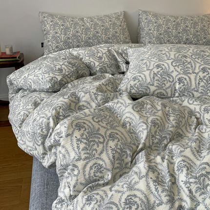 一比一家纺 2026秋冬新款高克重棉麻原麻复古诧季风原麻四件套-简单款 卡曼蓝