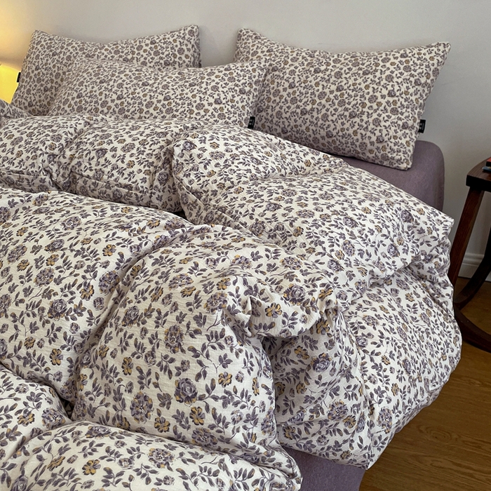 91家纺网 家纺一手货源 找家纺 一比一家纺 2025秋冬新款高克重棉麻原麻复古诧季风原麻四件套-简单款 花予紫