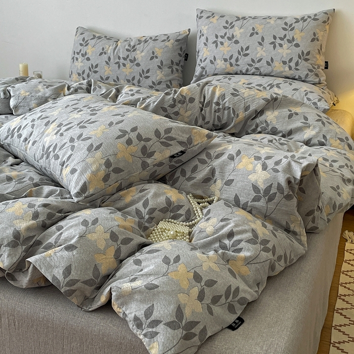 91家纺网 家纺一手货源 找家纺 一比一家纺 2026秋冬新款高克重棉麻原麻复古诧季风原麻四件套-简单款 蔓叶兰