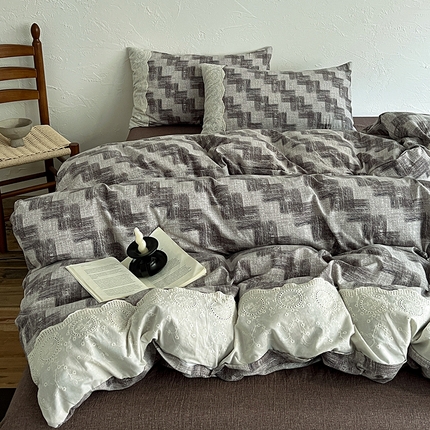 91家纺网 家纺一手货源 找家纺 （总）一比一家纺 2025秋冬新品高克重原麻复古全棉花边棉麻侘寂风原麻四件套 （控价99元）