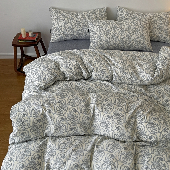 91家纺网 家纺一手货源 找家纺 一比一家纺 2026秋冬新款高克重棉麻原麻复古诧季风原麻四件套-简单款 卡曼蓝