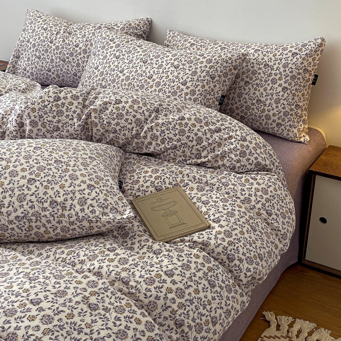 91家纺网 家纺一手货源 找家纺 一比一家纺 2025秋冬新款高克重棉麻原麻复古诧季风原麻四件套-简单款 花予紫