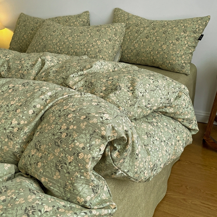 91家纺网 家纺一手货源 找家纺 一比一家纺 2026秋冬新款高克重棉麻原麻复古诧季风原麻四件套-简单款 绿意