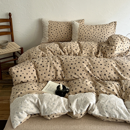 一比一家纺 2026秋冬新品高克重原麻复古全棉花边棉麻侘寂风原麻四件套 （控价99元） 复古豹