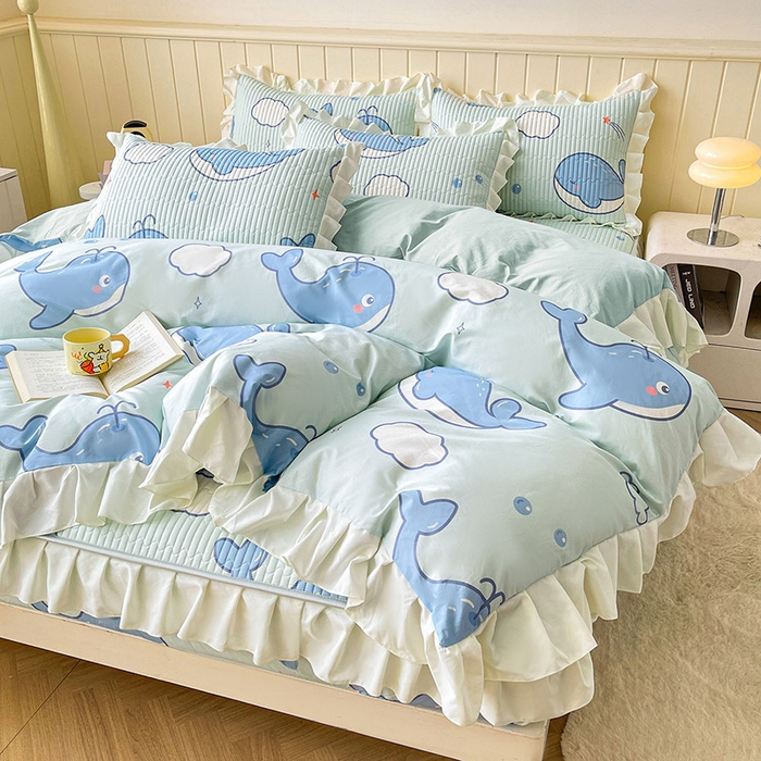 91家纺网 家纺一手货源 找家纺 伊人坊2025新款A类唯美纯棉印花夹棉床笠 纯棉+蓝鲸鱼