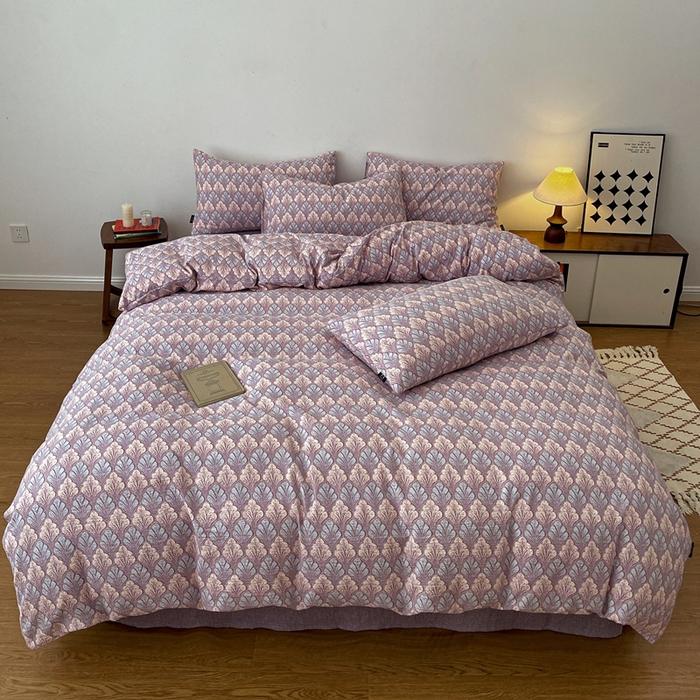 91家纺网 家纺一手货源 找家纺 一比一家纺 2026秋冬新款高克重棉麻原麻复古诧季风原麻四件套-简单款 落叶知秋紫