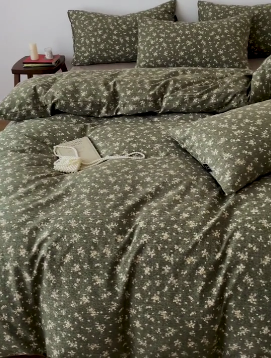 91家纺网 家纺一手货源 找家纺 一比一家纺 2026秋冬新款高克重棉麻原麻复古诧季风原麻四件套-简单款 茉莉-亚绿