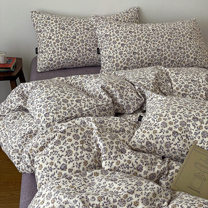 91家纺网 家纺一手货源 找家纺 一比一家纺 2025秋冬新款高克重棉麻原麻复古诧季风原麻四件套-简单款 花予紫