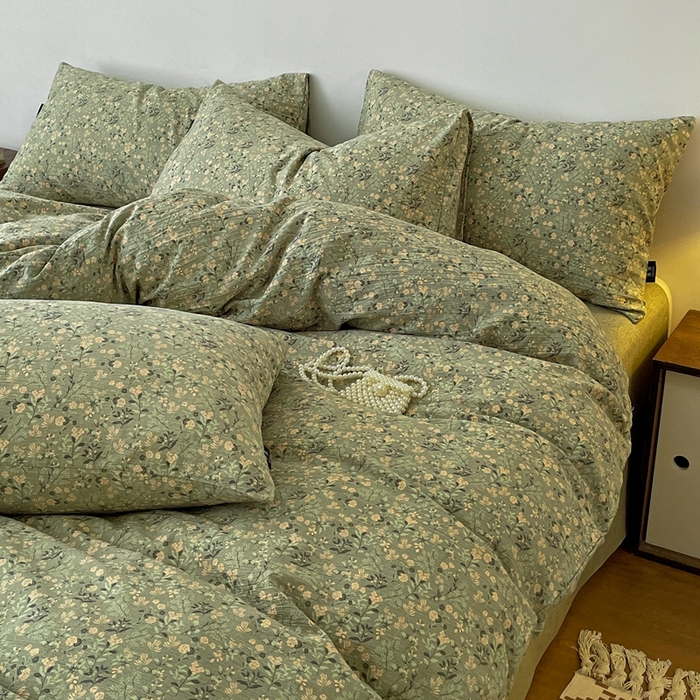 91家纺网 家纺一手货源 找家纺 一比一家纺 2026秋冬新款高克重棉麻原麻复古诧季风原麻四件套-简单款 绿意