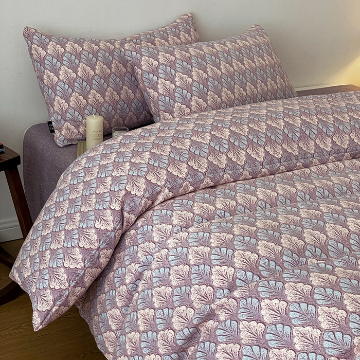 91家纺网 家纺一手货源 找家纺 一比一家纺 2026秋冬新款高克重棉麻原麻复古诧季风原麻四件套-简单款 落叶知秋紫