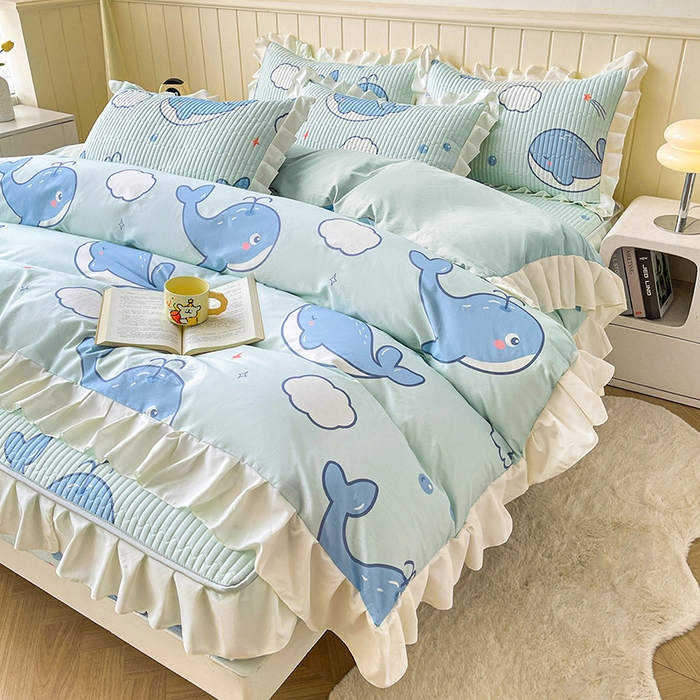 91家纺网 家纺一手货源 找家纺 伊人坊2025新款A类唯美纯棉印花夹棉床笠 纯棉+蓝鲸鱼