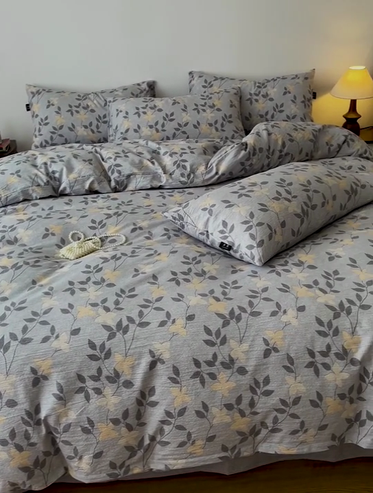 91家纺网 家纺一手货源 找家纺 一比一家纺 2026秋冬新款高克重棉麻原麻复古诧季风原麻四件套-简单款 蔓叶兰