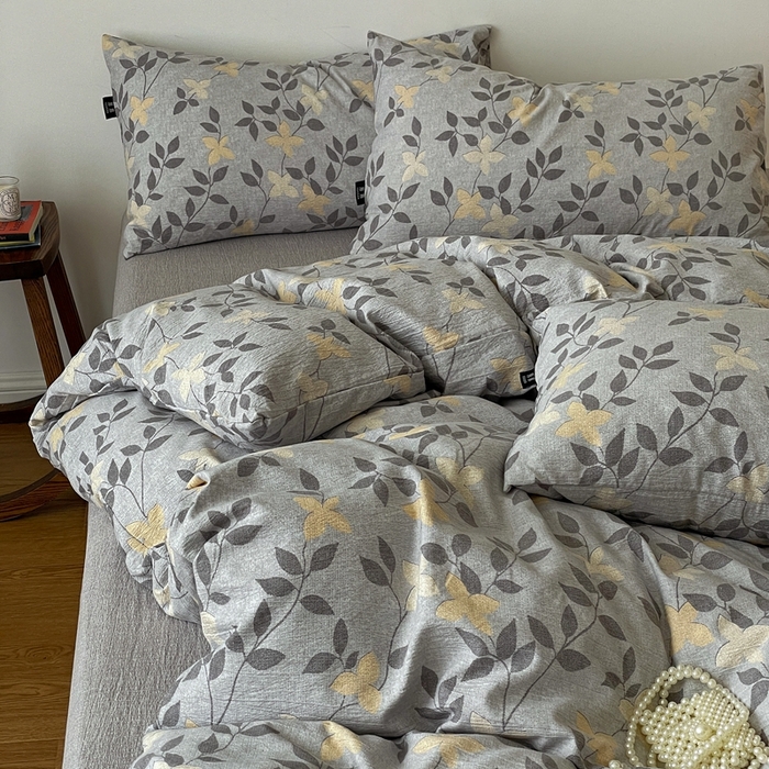 91家纺网 家纺一手货源 找家纺 一比一家纺 2026秋冬新款高克重棉麻原麻复古诧季风原麻四件套-简单款 蔓叶兰