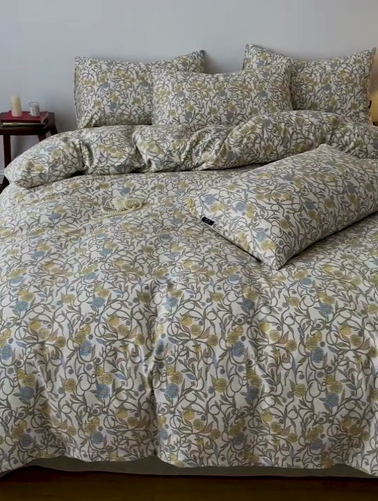 91家纺网 家纺一手货源 找家纺 一比一家纺 2026秋冬新款高克重棉麻原麻复古诧季风原麻四件套-简单款 秘境绿