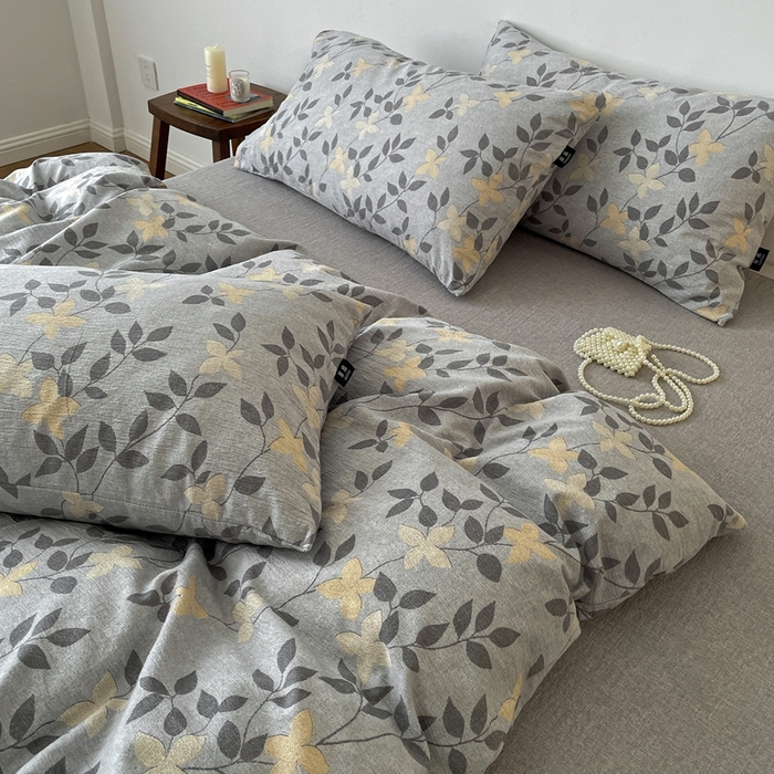 91家纺网 家纺一手货源 找家纺 一比一家纺 2026秋冬新款高克重棉麻原麻复古诧季风原麻四件套-简单款 蔓叶兰