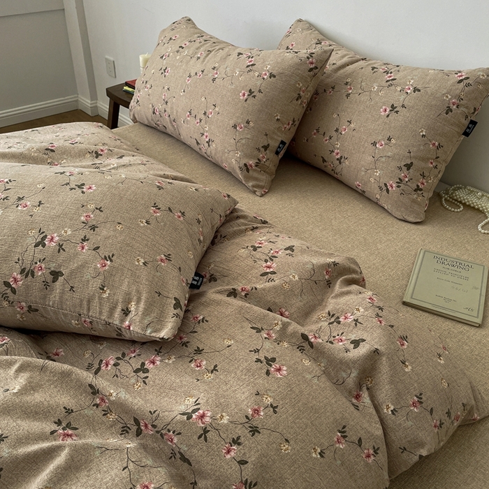 91家纺网 家纺一手货源 找家纺 一比一家纺 2025秋冬新款高克重棉麻原麻复古诧季风原麻四件套-简单款 花言