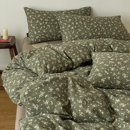 一比一家纺 2026秋冬新款高克重棉麻原麻复古诧季风原麻四件套-简单款 茉莉-亚绿