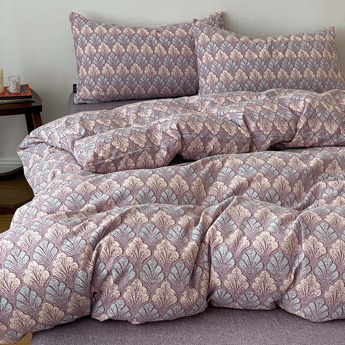 91家纺网 家纺一手货源 找家纺 一比一家纺 2026秋冬新款高克重棉麻原麻复古诧季风原麻四件套-简单款 落叶知秋紫