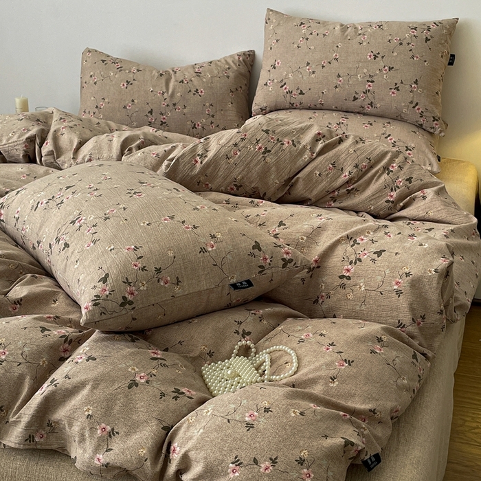 91家纺网 家纺一手货源 找家纺 一比一家纺 2025秋冬新款高克重棉麻原麻复古诧季风原麻四件套-简单款 花言