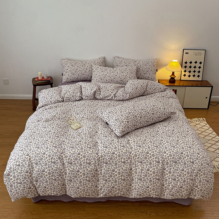 91家纺网 家纺一手货源 找家纺 一比一家纺 2025秋冬新款高克重棉麻原麻复古诧季风原麻四件套-简单款 花予紫