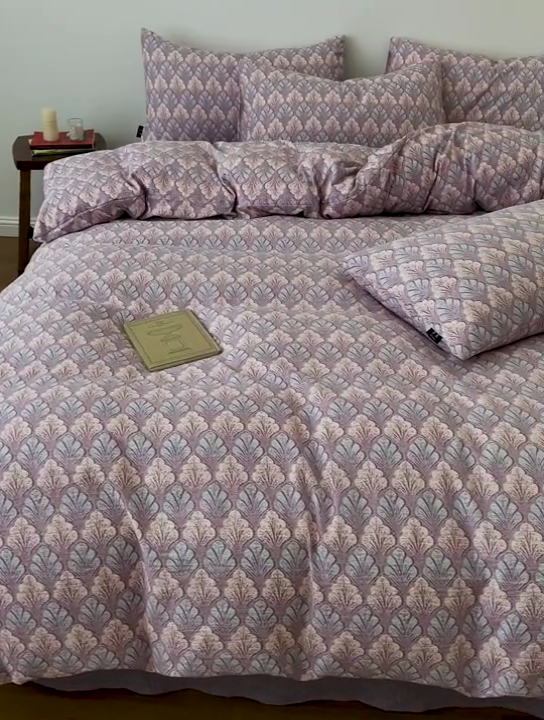 91家纺网 家纺一手货源 找家纺 一比一家纺 2026秋冬新款高克重棉麻原麻复古诧季风原麻四件套-简单款 落叶知秋紫