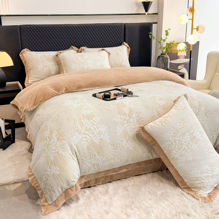 91家纺网 家纺一手货源 找家纺 梦精灵家纺 2025新款高克重加厚雕花牛奶绒四件套 瑞竹