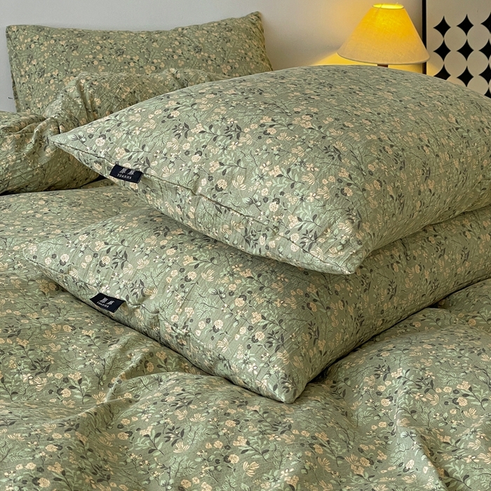 91家纺网 家纺一手货源 找家纺 一比一家纺 2026秋冬新款高克重棉麻原麻复古诧季风原麻四件套-简单款 绿意