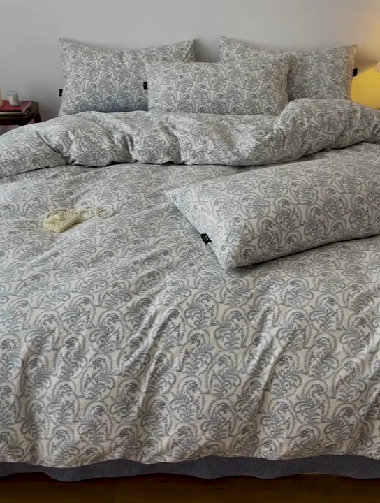 91家纺网 家纺一手货源 找家纺 一比一家纺 2026秋冬新款高克重棉麻原麻复古诧季风原麻四件套-简单款 卡曼蓝