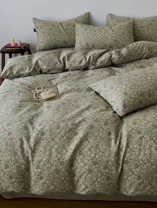 91家纺网 家纺一手货源 找家纺 一比一家纺 2026秋冬新款高克重棉麻原麻复古诧季风原麻四件套-简单款 绿意