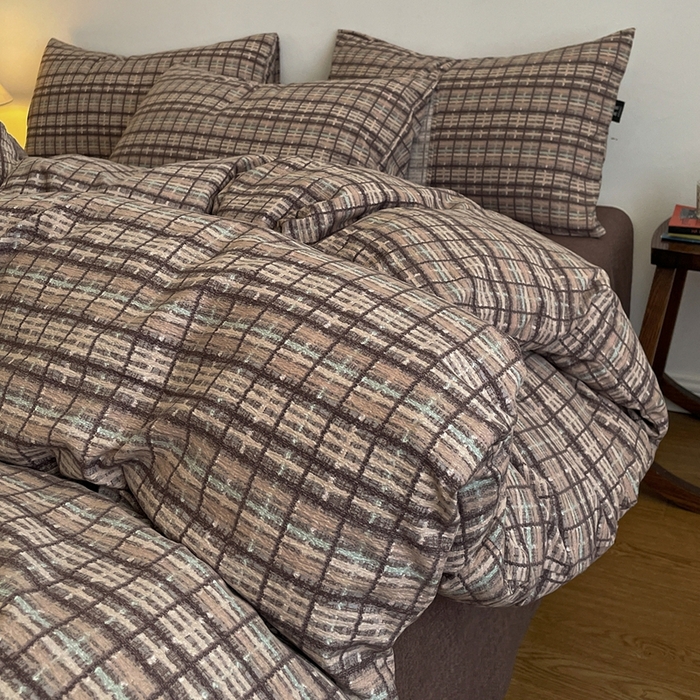 91家纺网 家纺一手货源 找家纺 一比一家纺 2025秋冬新款高克重棉麻原麻复古诧季风原麻四件套-简单款 茶巷