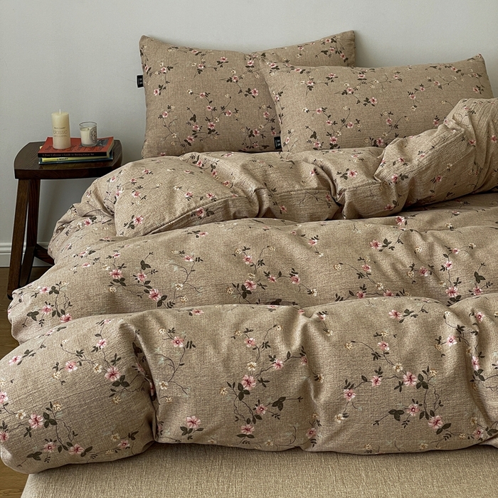 91家纺网 家纺一手货源 找家纺 一比一家纺 2025秋冬新款高克重棉麻原麻复古诧季风原麻四件套-简单款 花言