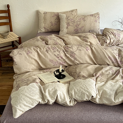 91家纺网 家纺一手货源 找家纺 （总）一比一家纺 2025秋冬新品高克重原麻复古全棉花边棉麻侘寂风原麻四件套 （控价99元）