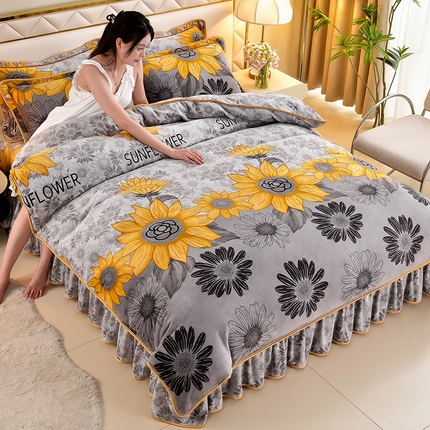 馨梦缘 2025直播爆款8.5斤牛奶绒四件套加厚保暖床裙金貂绒 向日葵