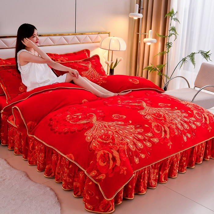 91家纺网 家纺一手货源 找家纺 馨梦缘 2025直播爆款8.5斤牛奶绒四件套加厚保暖床裙金貂绒 喜结良缘