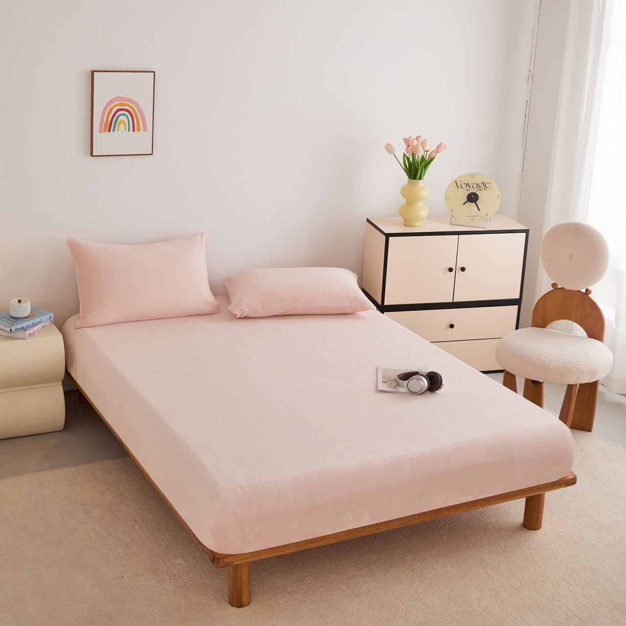 91家纺网 家纺一手货源 找家纺 曼町家居 2025新款高克重柔软牛奶绒床笠单床笠床笠单件 蜜桃粉