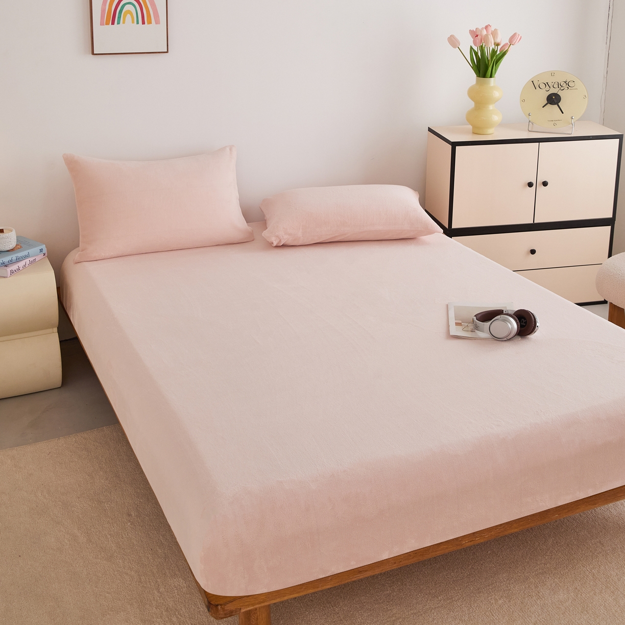 91家纺网 家纺一手货源 找家纺 曼町家居 2025新款高克重柔软牛奶绒床笠单床笠床笠单件 蜜桃粉