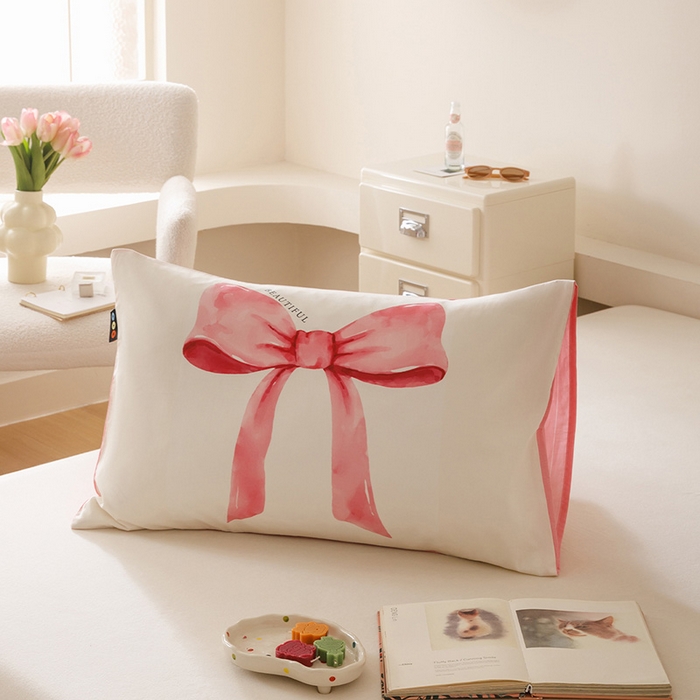 91家纺网 家纺一手货源 找家纺 RYB红黄兰 2025新款ins慵懒风撞色系全棉四件套学生季宿舍床纯棉三件套 粉粉蝴蝶结（枕套）