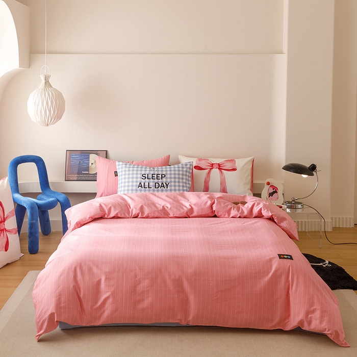 91家纺网 家纺一手货源 找家纺 RYB红黄兰 2025新款ins慵懒风撞色系全棉四件套学生季宿舍床纯棉三件套 蓝粉礼物