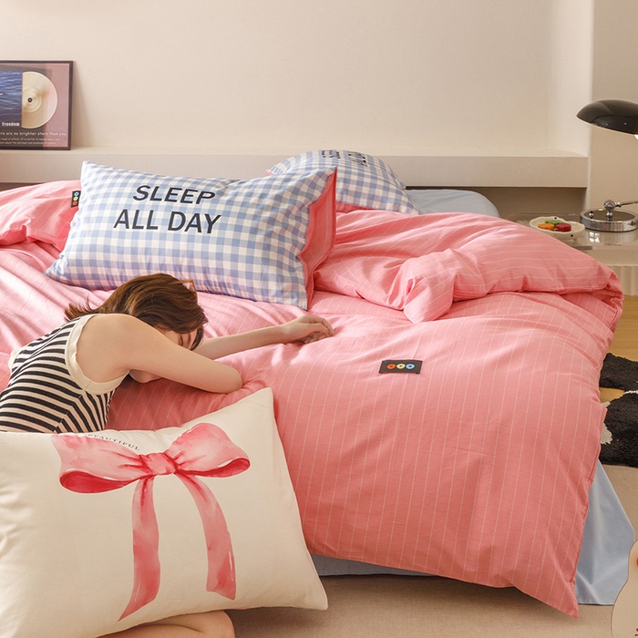 91家纺网 家纺一手货源 找家纺 RYB红黄兰 2025新款ins慵懒风撞色系全棉四件套学生季宿舍床纯棉三件套 蓝粉礼物