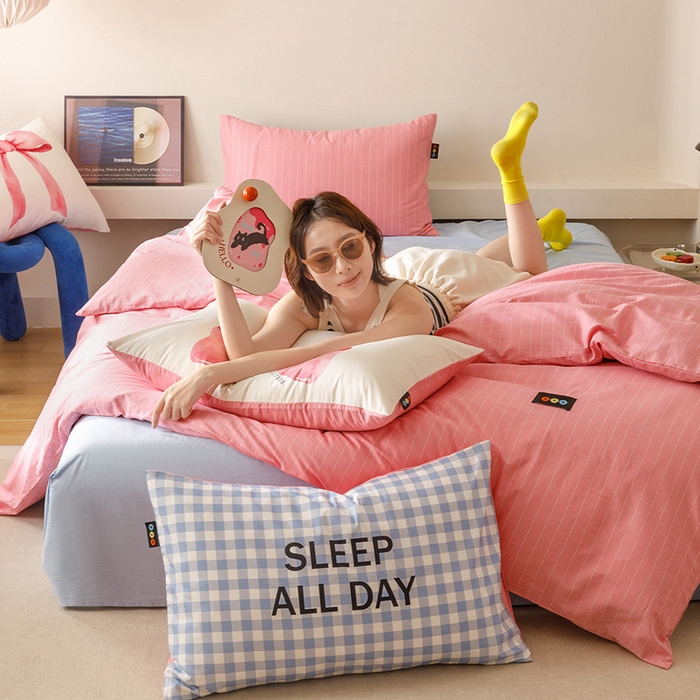 91家纺网 家纺一手货源 找家纺 RYB红黄兰 2025新款ins慵懒风撞色系全棉四件套学生季宿舍床纯棉三件套 蓝粉礼物