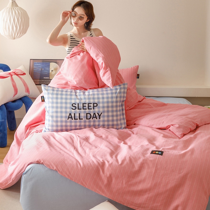 91家纺网 家纺一手货源 找家纺 RYB红黄兰 2025新款ins慵懒风撞色系全棉四件套学生季宿舍床纯棉三件套 蓝粉礼物