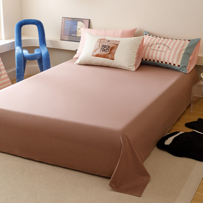 91家纺网 家纺一手货源 找家纺 RYB红黄兰 2025新款ins慵懒风撞色系全棉四件套学生季宿舍床纯棉三件套 粉咖公文