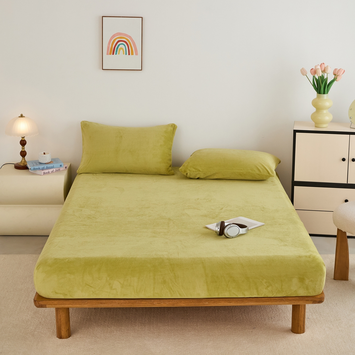 91家纺网 家纺一手货源 找家纺 曼町家居 2025新款高克重柔软牛奶绒床笠单床笠床笠单件 抹茶绿