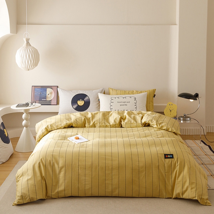 91家纺网 家纺一手货源 找家纺 RYB红黄兰 2025新款ins慵懒风撞色系全棉四件套学生季宿舍床纯棉三件套 复古唱片