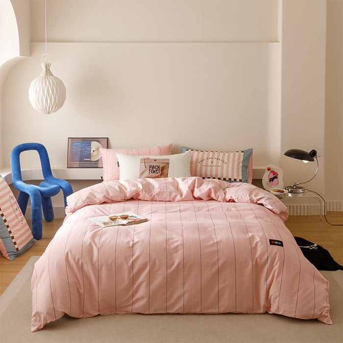 91家纺网 家纺一手货源 找家纺 RYB红黄兰 2025新款ins慵懒风撞色系全棉四件套学生季宿舍床纯棉三件套 粉咖公文