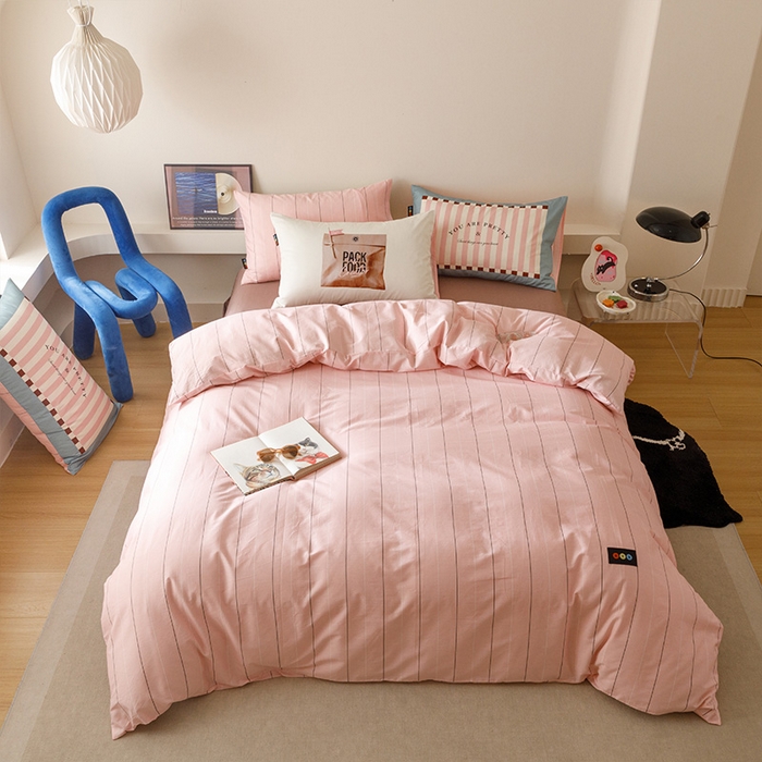 91家纺网 家纺一手货源 找家纺 RYB红黄兰 2025新款ins慵懒风撞色系全棉四件套学生季宿舍床纯棉三件套 粉咖公文