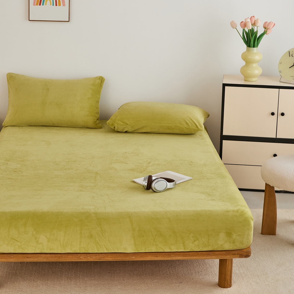 91家纺网 家纺一手货源 找家纺 曼町家居 2025新款高克重柔软牛奶绒床笠单床笠床笠单件 抹茶绿